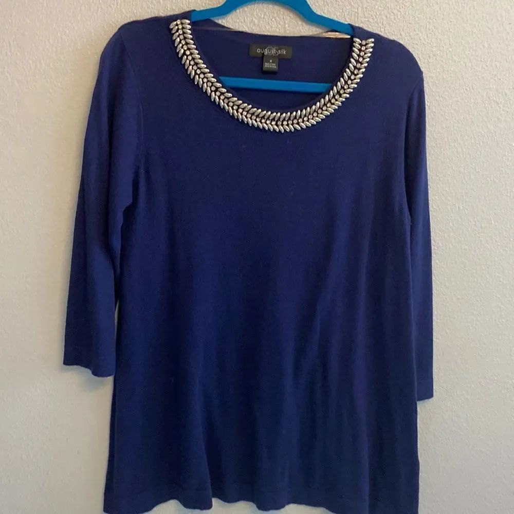 August silk- dark blue sweater with neck accents- Size Medium